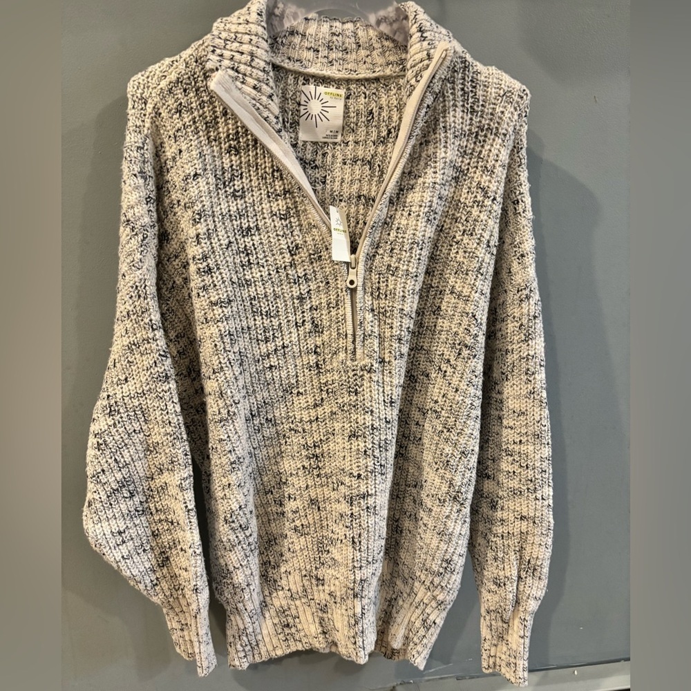 NWT ✨ Aerie Women's Gray Textured Knit Turtleneck quarter-zip Sweater -medium - Picture 2 of 5